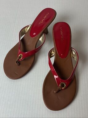 Cabrizi Red Patent Thong Heels with Brown Footbed